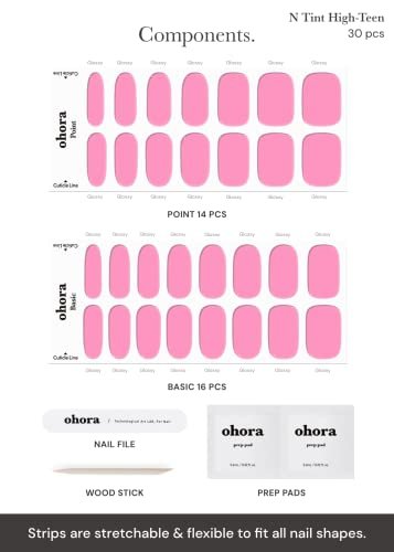 Ohora Semi Cured Gel Nail Strips - N Tint High-Teen Pink Tint, Long-Lasting Salon-Quality Nails at Home, Includes Prep Pads, File & Wooden Stick Avelisse