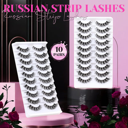Veleasha Russian Strip Lashes with Clear Band – D Curl Faux Mink 10 Pairs (DT11)
