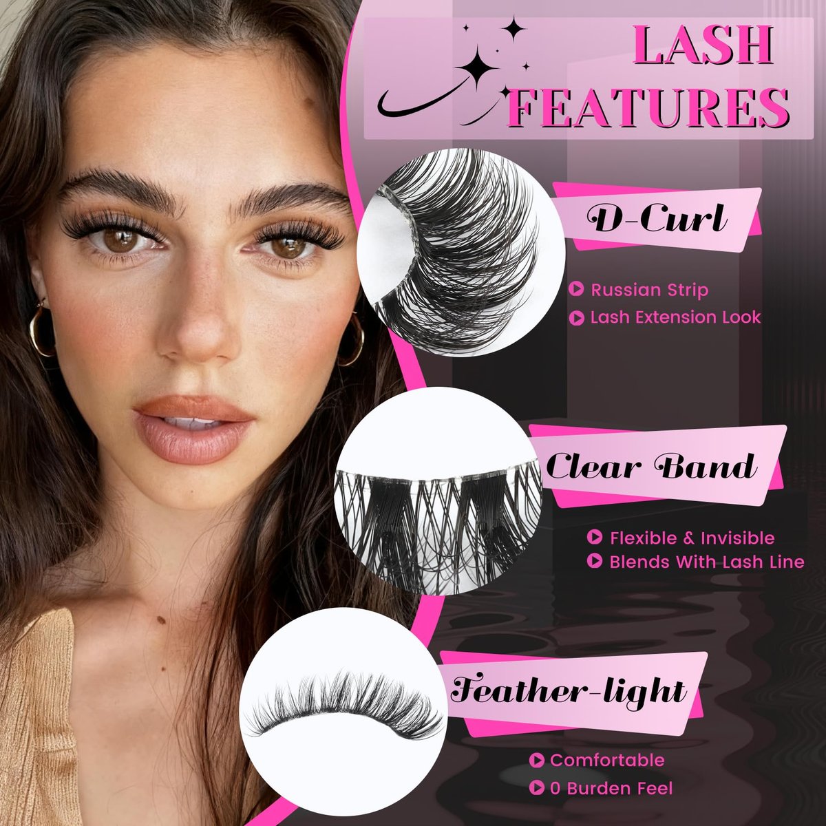 Veleasha Russian Strip Lashes with Clear Band – D Curl Faux Mink 10 Pairs (DT11) - görsel 3