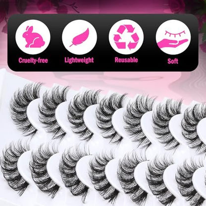 Veleasha Russian Strip Lashes with Clear Band – D Curl Faux Mink 10 Pairs (DT11)