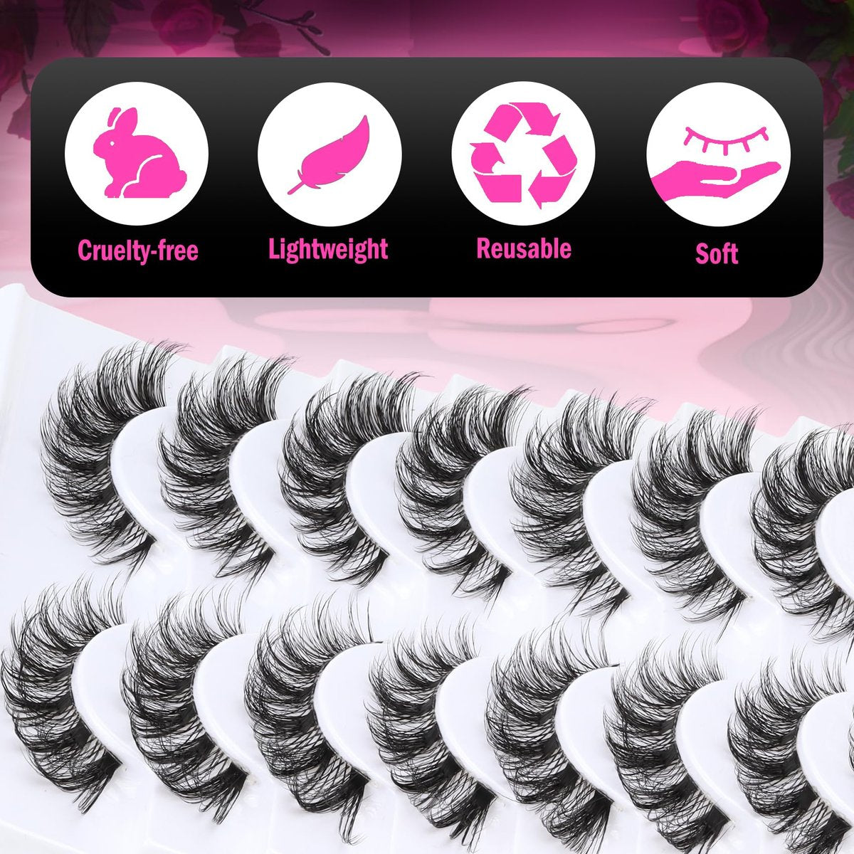 Veleasha Russian Strip Lashes with Clear Band – D Curl Faux Mink 10 Pairs (DT11) - görsel 9