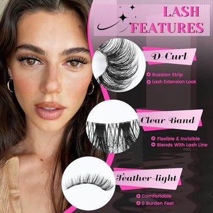Veleasha Russian Strip Lashes with Clear Band – D Curl Faux Mink 10 Pairs (DT11)