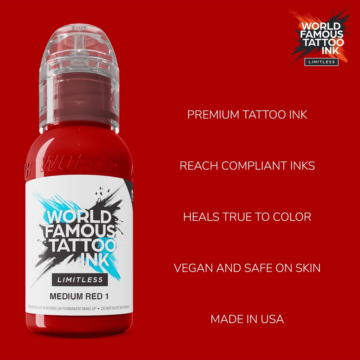 World Famous Tattoo Ink Limitless - Medium Red 1 - Professional Tattoo Ink & Supplies - Skin-Safe Permanent Tattooing - Vegan & Non-Toxic (1 oz) - görsel 4