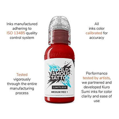 World Famous Tattoo Ink Limitless - Medium Red 1 - Professional Tattoo Ink & Supplies - Skin-Safe Permanent Tattooing - Vegan & Non-Toxic (1 oz)
