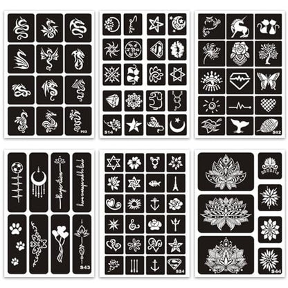 410+ PCS Temporary Tattoo Stencils Kit for Women, Girls, Kids – Henna & Glitter Airbrush Face Body Paint DIY