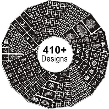 410+ PCS Temporary Tattoo Stencils Kit for Women, Girls, Kids – Henna & Glitter Airbrush Face Body Paint DIY