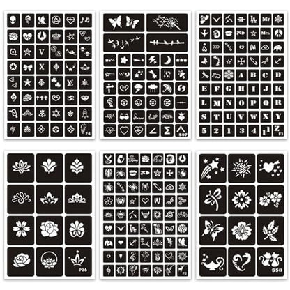 410+ PCS Temporary Tattoo Stencils Kit for Women, Girls, Kids – Henna & Glitter Airbrush Face Body Paint DIY