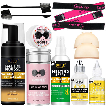 Lace Tint Melting Mousse for Women's Toupees, Hairpieces and Wigs - Natural Finishing Color, Wig Glue and Tool Set (Light Brown) Avelisse