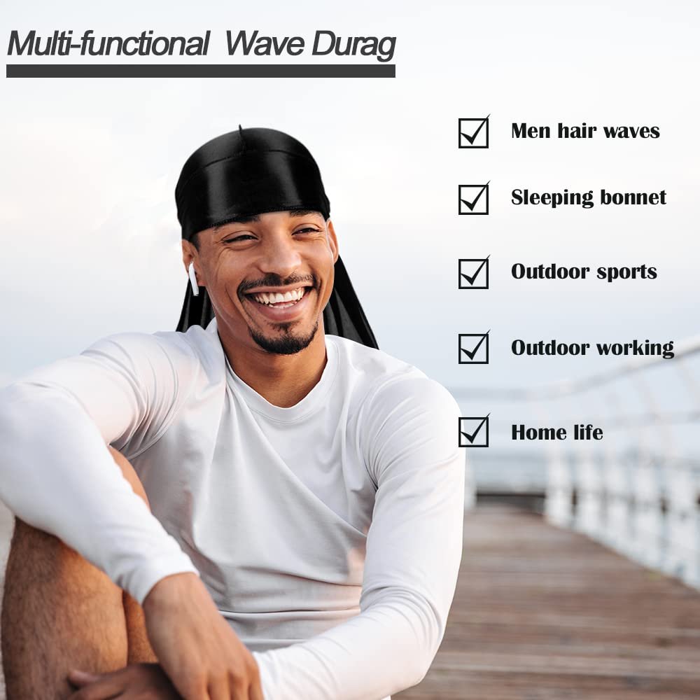 7 PCS Silky Durags with Long Tail and 1 Satin Wave Cap – Multicolour Do Rags for Men 360 Waves - görsel 7