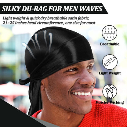7 PCS Silky Durags with Long Tail and 1 Satin Wave Cap – Multicolour Do Rags for Men 360 Waves