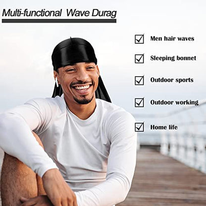 7 PCS Silky Durags with Long Tail and 1 Satin Wave Cap – Multicolour Do Rags for Men 360 Waves