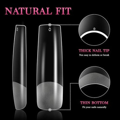 AORAEM XXL Square Clear Fake Nails 240PCS - Long Tapered Square Nail Tips Half Matte Design Extra Long Acrylic Nail Tips with Case for Home DIY Nail Salons