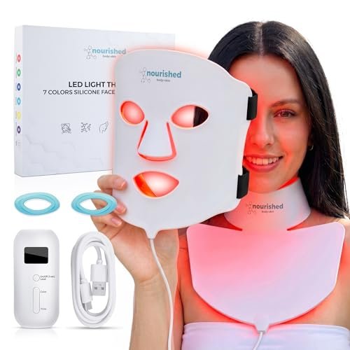 Nourished Bodynskin LED Light Therapy Face & Neck Mask – 7 Colors Red & Blue Anti-Aging Device for Wrinkles, Rejuvenation Avelisse