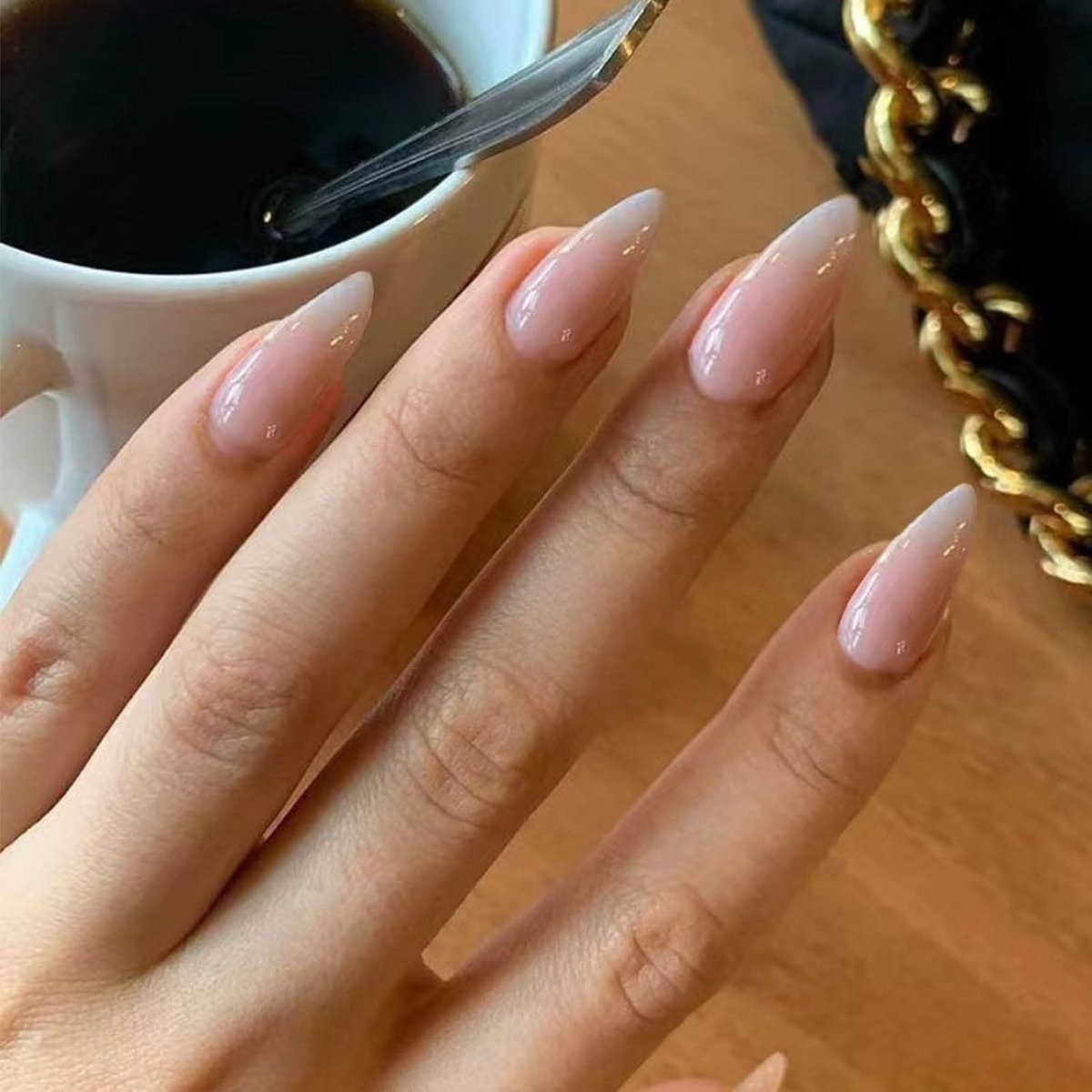 Hkanlre Bling Coffin Press on Nails - 24 Pcs Full Cover Medium False Gradient Nails for Women and Girls (Nude Almond) Avelisse