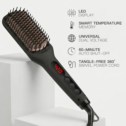 MEGAWISE Pro Ceramic Ionic Hair Straightener Brush - Fast 20s Heating, Auto-Off, Anti-Scald, Dual Voltage, Black Avelisse