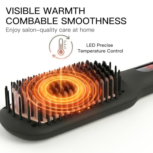 MEGAWISE Pro Ceramic Ionic Hair Straightener Brush - Fast 20s Heating, Auto-Off, Anti-Scald, Dual Voltage, Black Avelisse