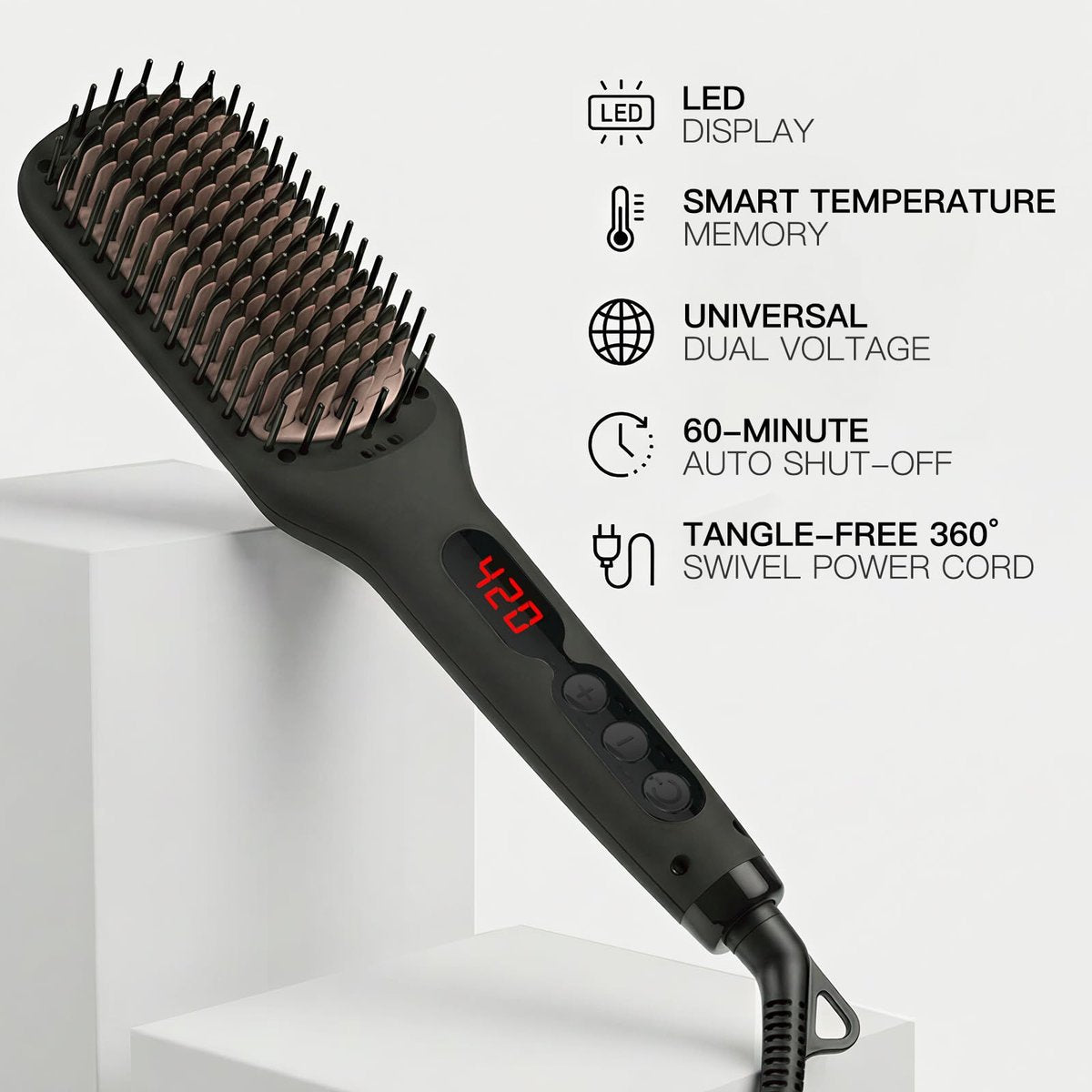 MEGAWISE Pro Ceramic Ionic Hair Straightener Brush - Fast 20s Heating, Auto-Off, Anti-Scald, Dual Voltage, Black Avelisse