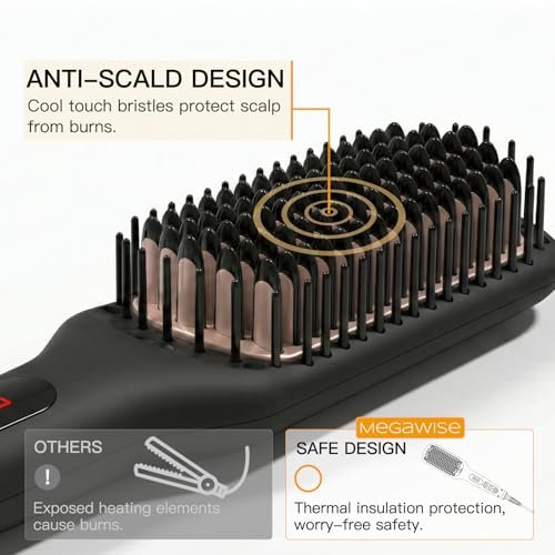 MEGAWISE Pro Ceramic Ionic Hair Straightener Brush - Fast 20s Heating, Auto-Off, Anti-Scald, Dual Voltage, Black Avelisse
