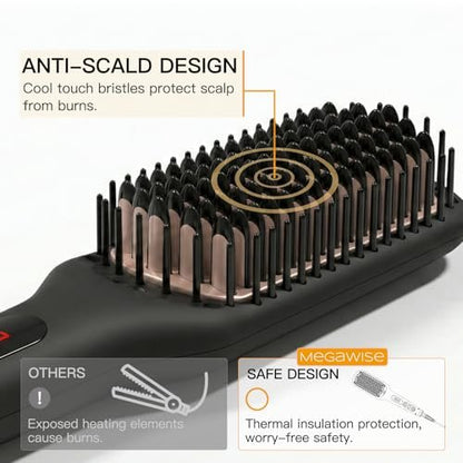 MEGAWISE Pro Ceramic Ionic Hair Straightener Brush - Fast 20s Heating, Auto-Off, Anti-Scald, Dual Voltage, Black Avelisse