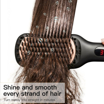 MEGAWISE Pro Ceramic Ionic Hair Straightener Brush - Fast 20s Heating, Auto-Off, Anti-Scald, Dual Voltage, Black Avelisse
