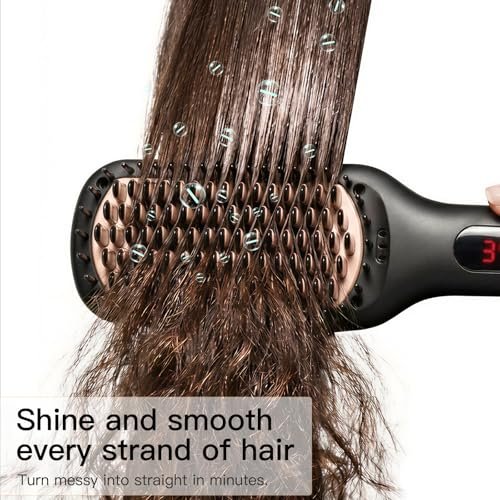 MEGAWISE Pro Ceramic Ionic Hair Straightener Brush - Fast 20s Heating, Auto-Off, Anti-Scald, Dual Voltage, Black Avelisse