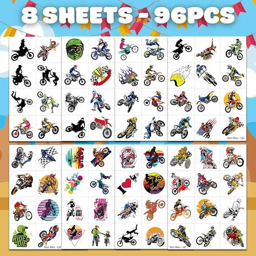 Dirt Bike Temporary Tattoos - 96 PCS (8 Sheets) Fake Tattoo Stickers for Boys & Girls | Motocross Themed Birthday Party Supplies, Favors, Decorations & Rewards - görsel 4