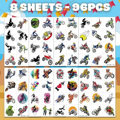 Dirt Bike Temporary Tattoos - 96 PCS (8 Sheets) Fake Tattoo Stickers for Boys & Girls | Motocross Themed Birthday Party Supplies, Favors, Decorations & Rewards