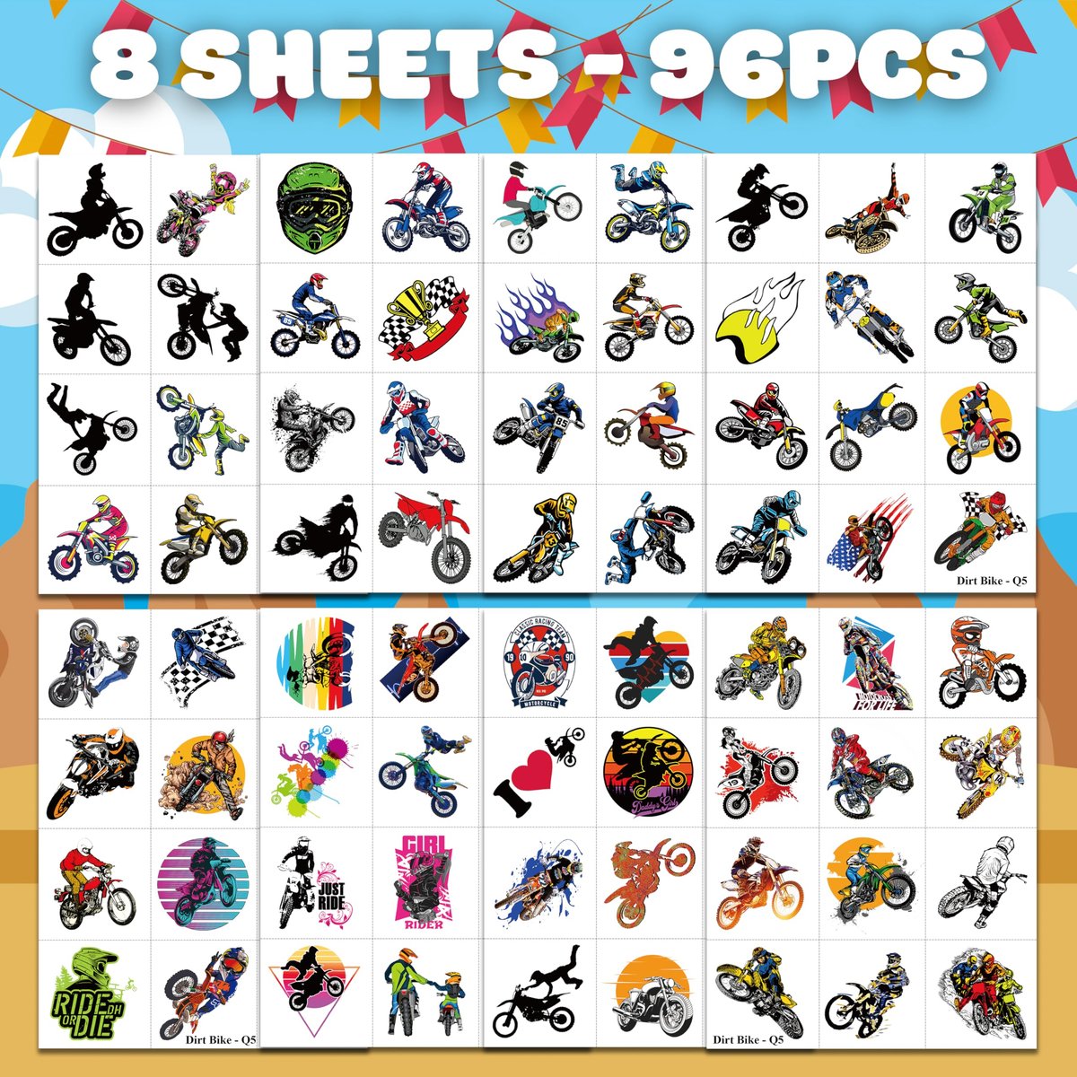 Dirt Bike Temporary Tattoos - 96 PCS (8 Sheets) Fake Tattoo Stickers for Boys & Girls | Motocross Themed Birthday Party Supplies, Favors, Decorations & Rewards - görsel 3