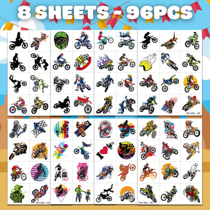 Dirt Bike Temporary Tattoos - 96 PCS (8 Sheets) Fake Tattoo Stickers for Boys & Girls | Motocross Themed Birthday Party Supplies, Favors, Decorations & Rewards