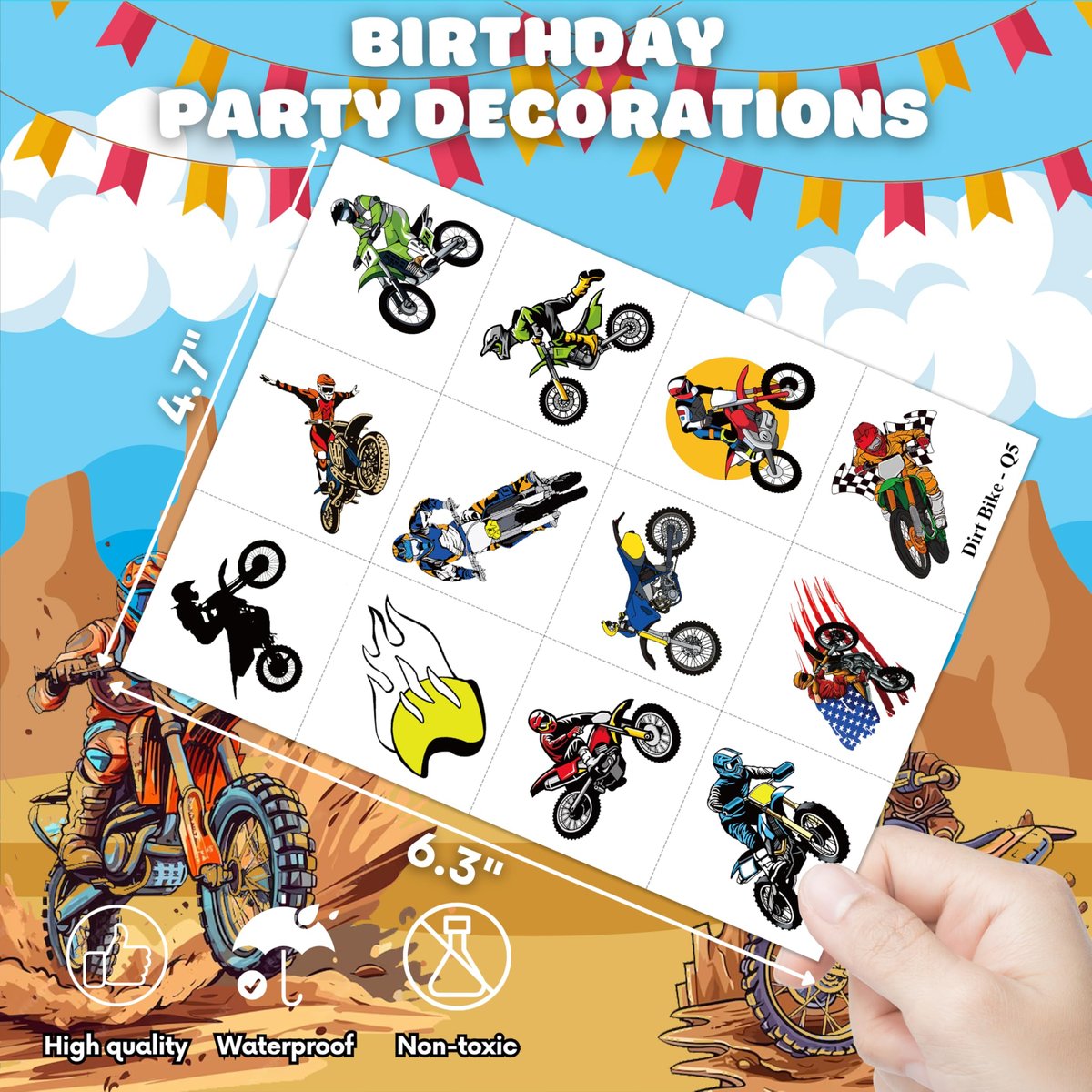 Dirt Bike Temporary Tattoos - 96 PCS (8 Sheets) Fake Tattoo Stickers for Boys & Girls | Motocross Themed Birthday Party Supplies, Favors, Decorations & Rewards - görsel 9