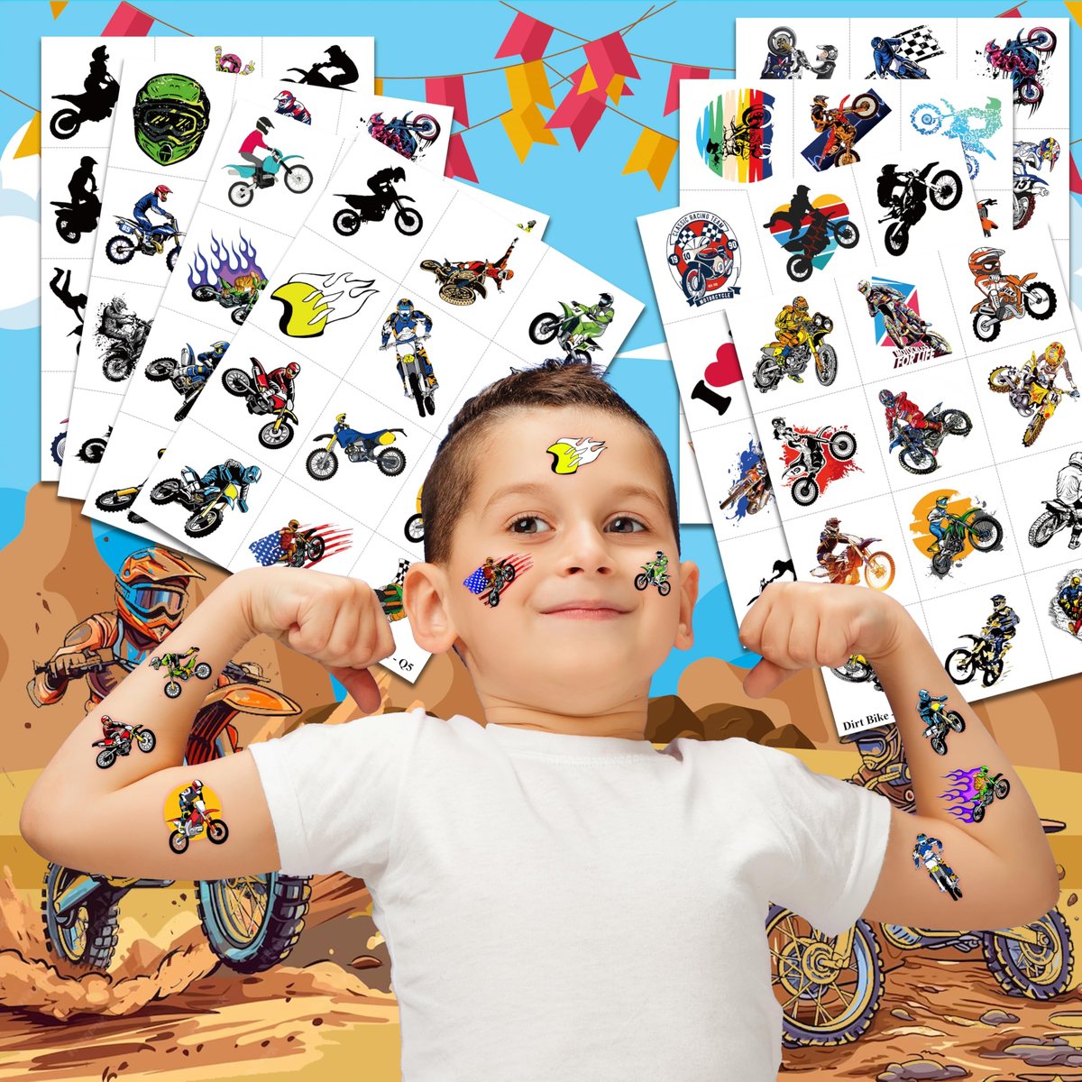 Dirt Bike Temporary Tattoos - 96 PCS (8 Sheets) Fake Tattoo Stickers for Boys & Girls | Motocross Themed Birthday Party Supplies, Favors, Decorations & Rewards - görsel 5