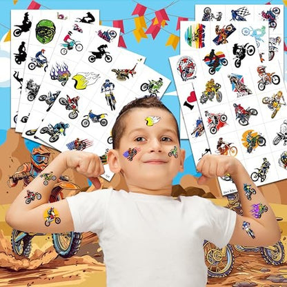 Dirt Bike Temporary Tattoos - 96 PCS (8 Sheets) Fake Tattoo Stickers for Boys & Girls | Motocross Themed Birthday Party Supplies, Favors, Decorations & Rewards