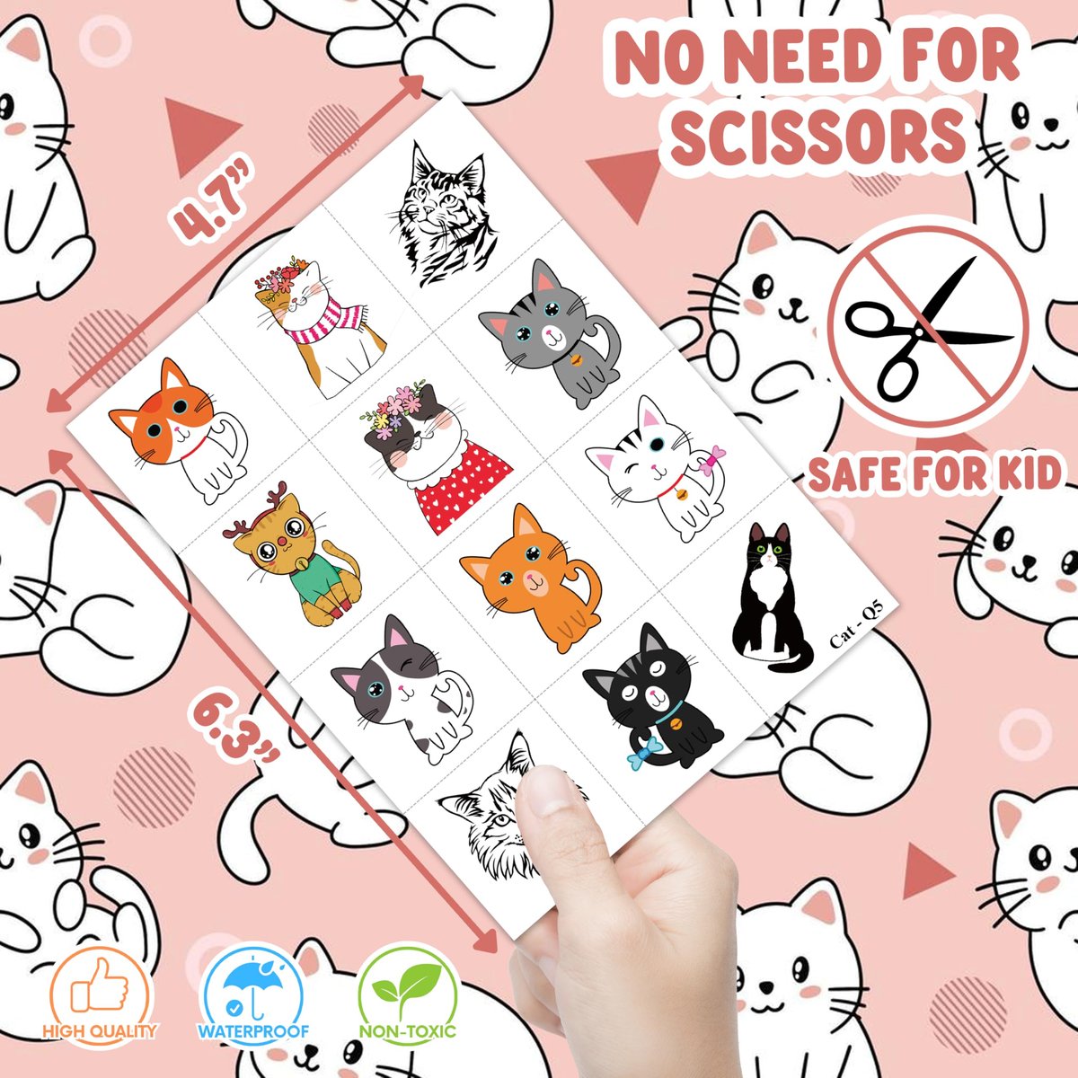 96 PCS Super Cute Cat Temporary Tattoos for Kids - Pre-Cut Fake Tattoo Stickers for Birthday Party Favors, School Rewards, and Home Activities - görsel 8