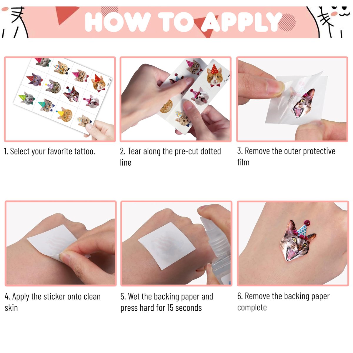 96 PCS Super Cute Cat Temporary Tattoos for Kids - Pre-Cut Fake Tattoo Stickers for Birthday Party Favors, School Rewards, and Home Activities - görsel 10