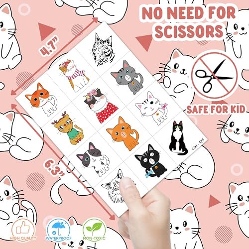 96 PCS Super Cute Cat Temporary Tattoos for Kids - Pre-Cut Fake Tattoo Stickers for Birthday Party Favors, School Rewards, and Home Activities - görsel 7