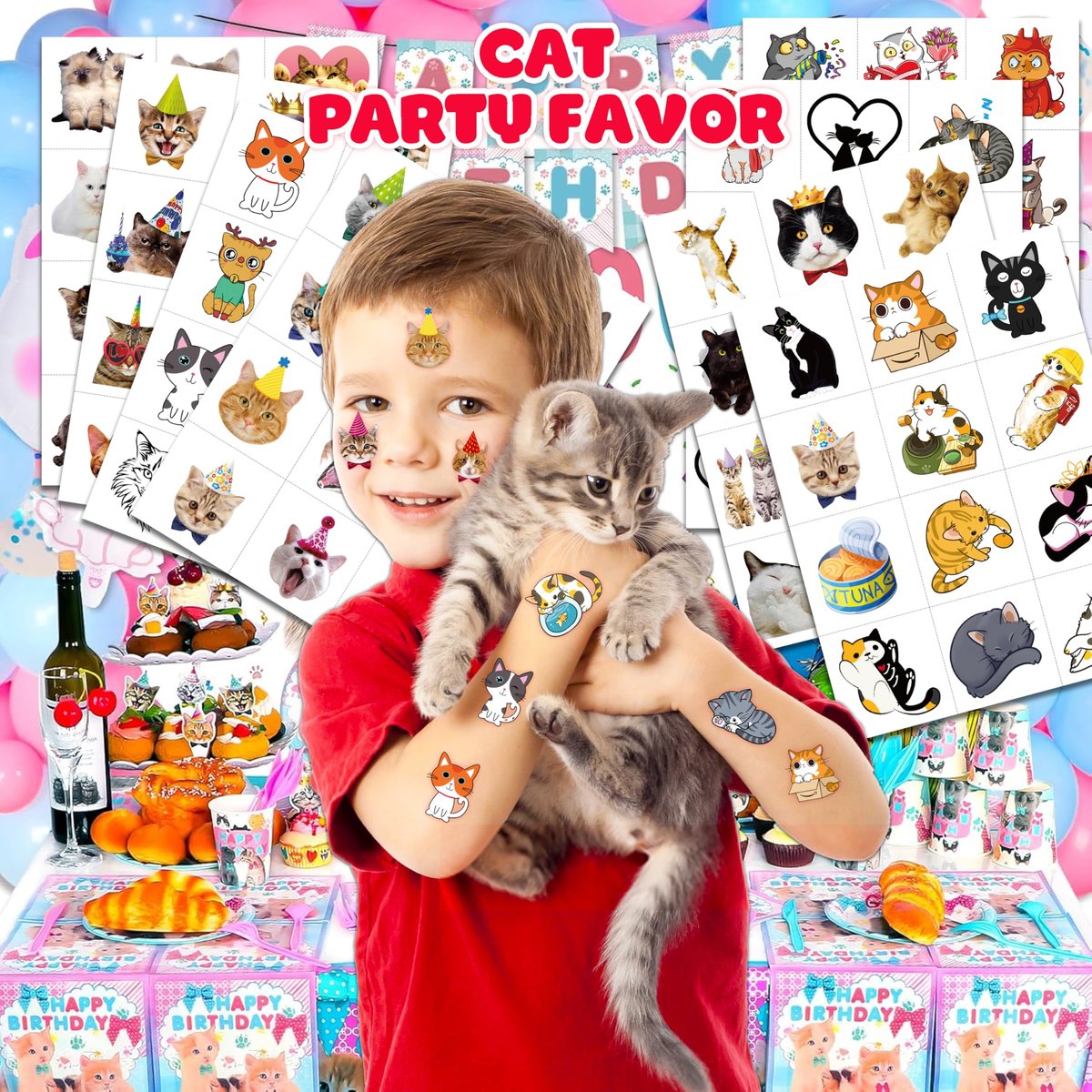 96 PCS Super Cute Cat Temporary Tattoos for Kids - Pre-Cut Fake Tattoo Stickers for Birthday Party Favors, School Rewards, and Home Activities - görsel 4
