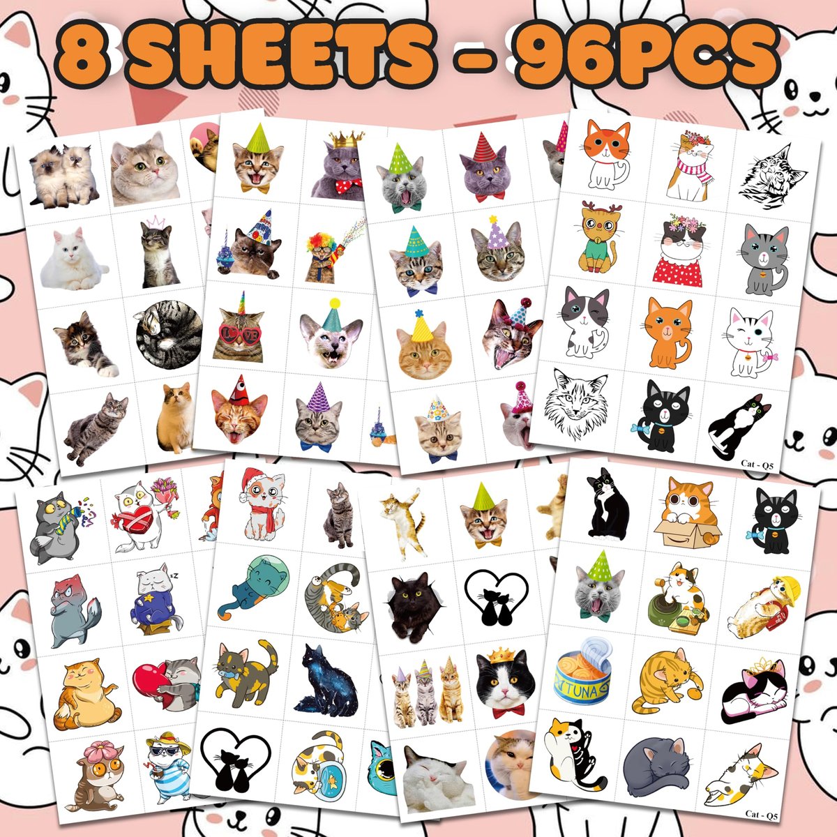 96 PCS Super Cute Cat Temporary Tattoos for Kids - Pre-Cut Fake Tattoo Stickers for Birthday Party Favors, School Rewards, and Home Activities - görsel 6