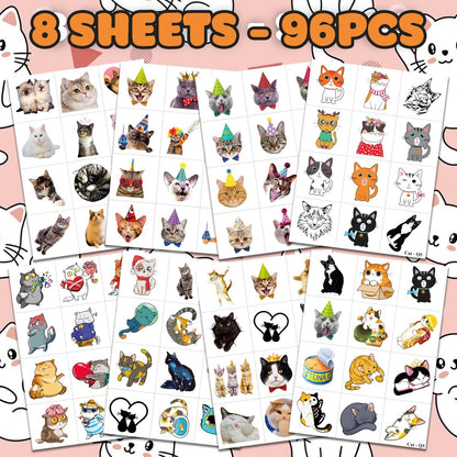 96 PCS Super Cute Cat Temporary Tattoos for Kids - Pre-Cut Fake Tattoo Stickers for Birthday Party Favors, School Rewards, and Home Activities