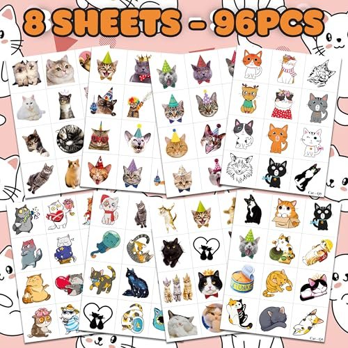 96 PCS Super Cute Cat Temporary Tattoos for Kids - Pre-Cut Fake Tattoo Stickers for Birthday Party Favors, School Rewards, and Home Activities - görsel 5