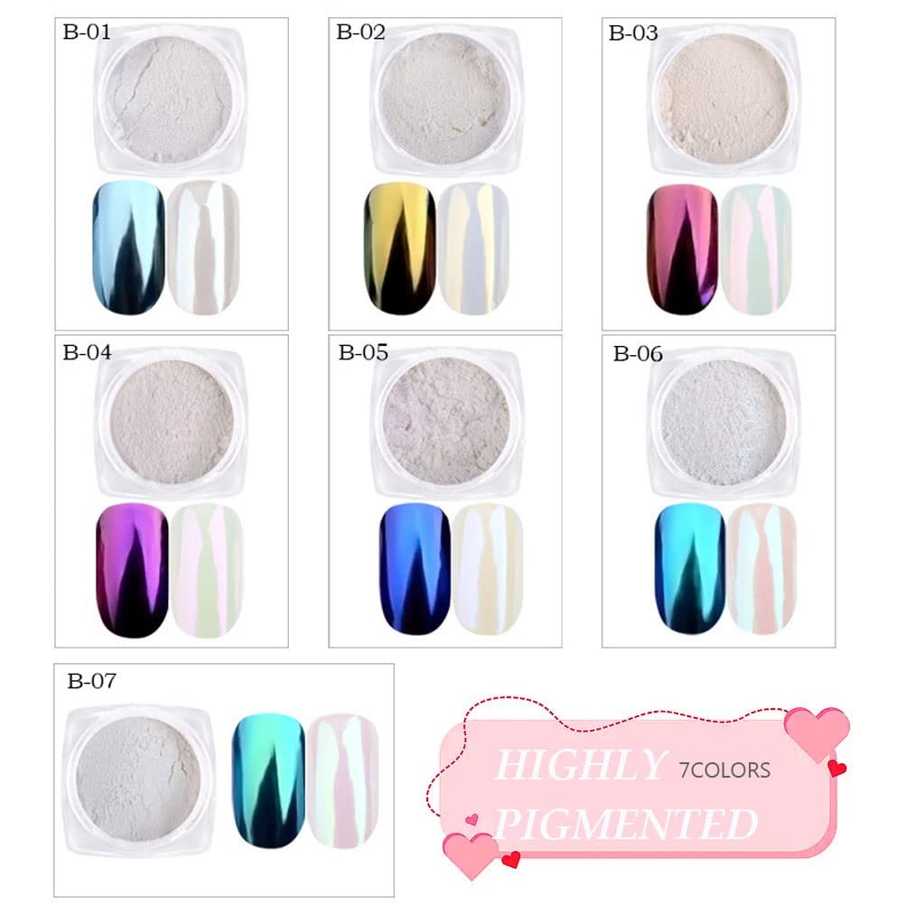 7 Colors Chrome Nail Powder Set - White Pearl Iridescent Aurora Metallic Mirror Effect Dip Nail Powder Kit for Gel Polish Holographic Mermaid Pigment, Resin Craft, Nails Art Gift for Women - görsel 9