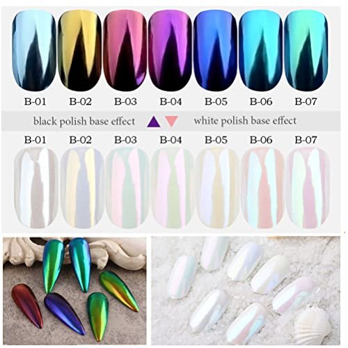 7 Colors Chrome Nail Powder Set - White Pearl Iridescent Aurora Metallic Mirror Effect Dip Nail Powder Kit for Gel Polish Holographic Mermaid Pigment, Resin Craft, Nails Art Gift for Women - görsel 12