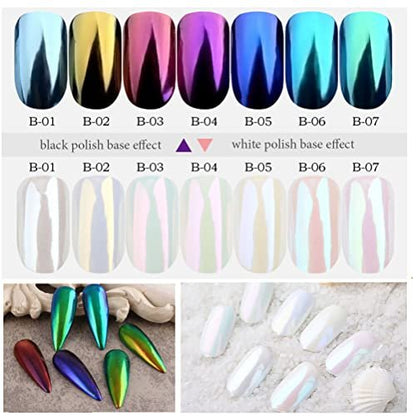 7 Colors Chrome Nail Powder Set - White Pearl Iridescent Aurora Metallic Mirror Effect Dip Nail Powder Kit for Gel Polish Holographic Mermaid Pigment, Resin Craft, Nails Art Gift for Women