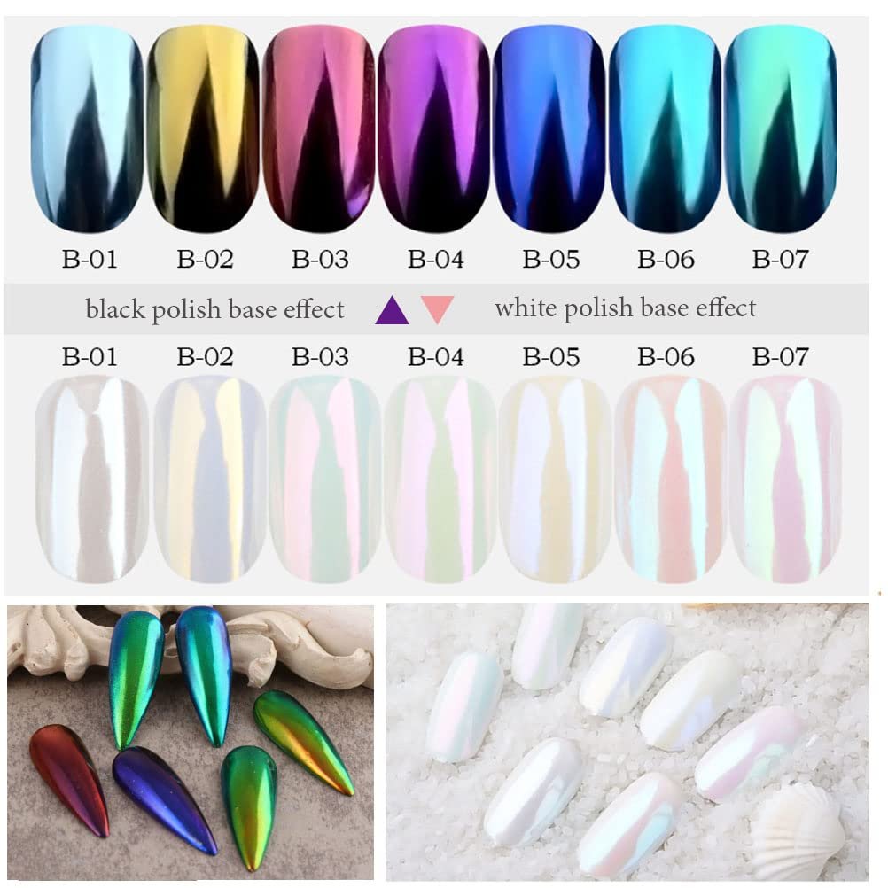 7 Colors Chrome Nail Powder Set - White Pearl Iridescent Aurora Metallic Mirror Effect Dip Nail Powder Kit for Gel Polish Holographic Mermaid Pigment, Resin Craft, Nails Art Gift for Women - görsel 11