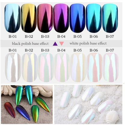 7 Colors Chrome Nail Powder Set - White Pearl Iridescent Aurora Metallic Mirror Effect Dip Nail Powder Kit for Gel Polish Holographic Mermaid Pigment, Resin Craft, Nails Art Gift for Women