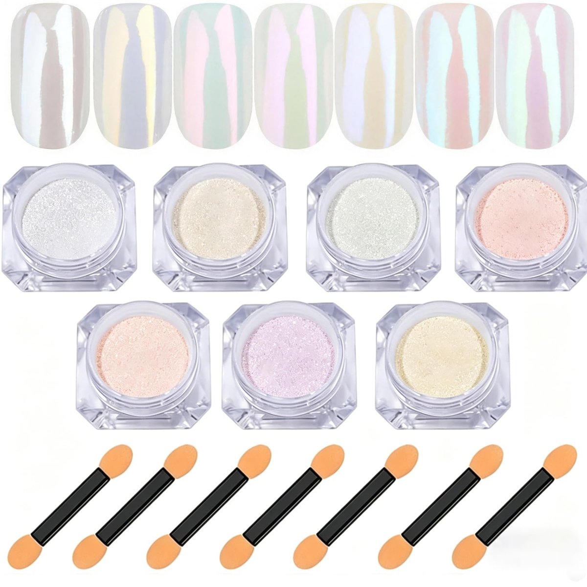 7 Colors Chrome Nail Powder Set - White Pearl Iridescent Aurora Metallic Mirror Effect Dip Nail Powder Kit for Gel Polish Holographic Mermaid Pigment, Resin Craft, Nails Art Gift for Women - görsel 1