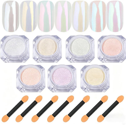 7 Colors Chrome Nail Powder Set - White Pearl Iridescent Aurora Metallic Mirror Effect Dip Nail Powder Kit for Gel Polish Holographic Mermaid Pigment, Resin Craft, Nails Art Gift for Women