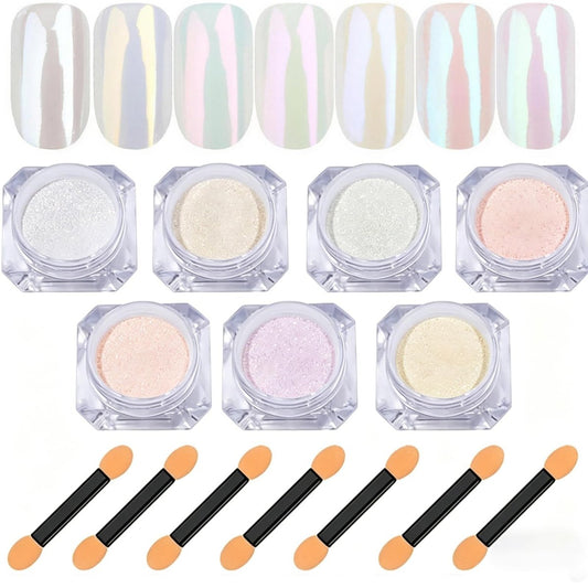 7 Colors Chrome Nail Powder Set - White Pearl Iridescent Aurora Metallic Mirror Effect Dip Nail Powder Kit for Gel Polish Holographic Mermaid Pigment, Resin Craft, Nails Art Gift for Women