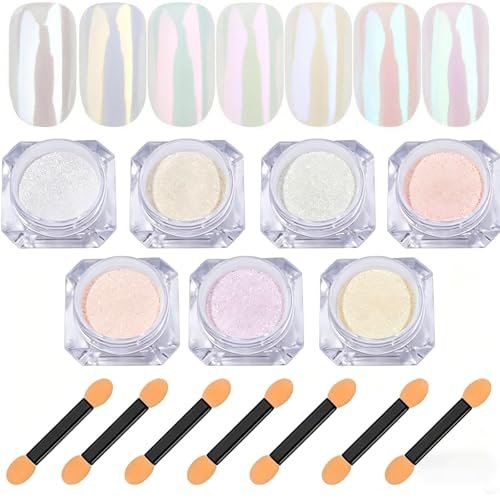 7 Colors Chrome Nail Powder Set - White Pearl Iridescent Aurora Metallic Mirror Effect Dip Nail Powder Kit for Gel Polish Holographic Mermaid Pigment, Resin Craft, Nails Art Gift for Women - görsel 2