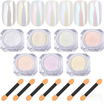 7 Colors Chrome Nail Powder Set - White Pearl Iridescent Aurora Metallic Mirror Effect Dip Nail Powder Kit for Gel Polish Holographic Mermaid Pigment, Resin Craft, Nails Art Gift for Women