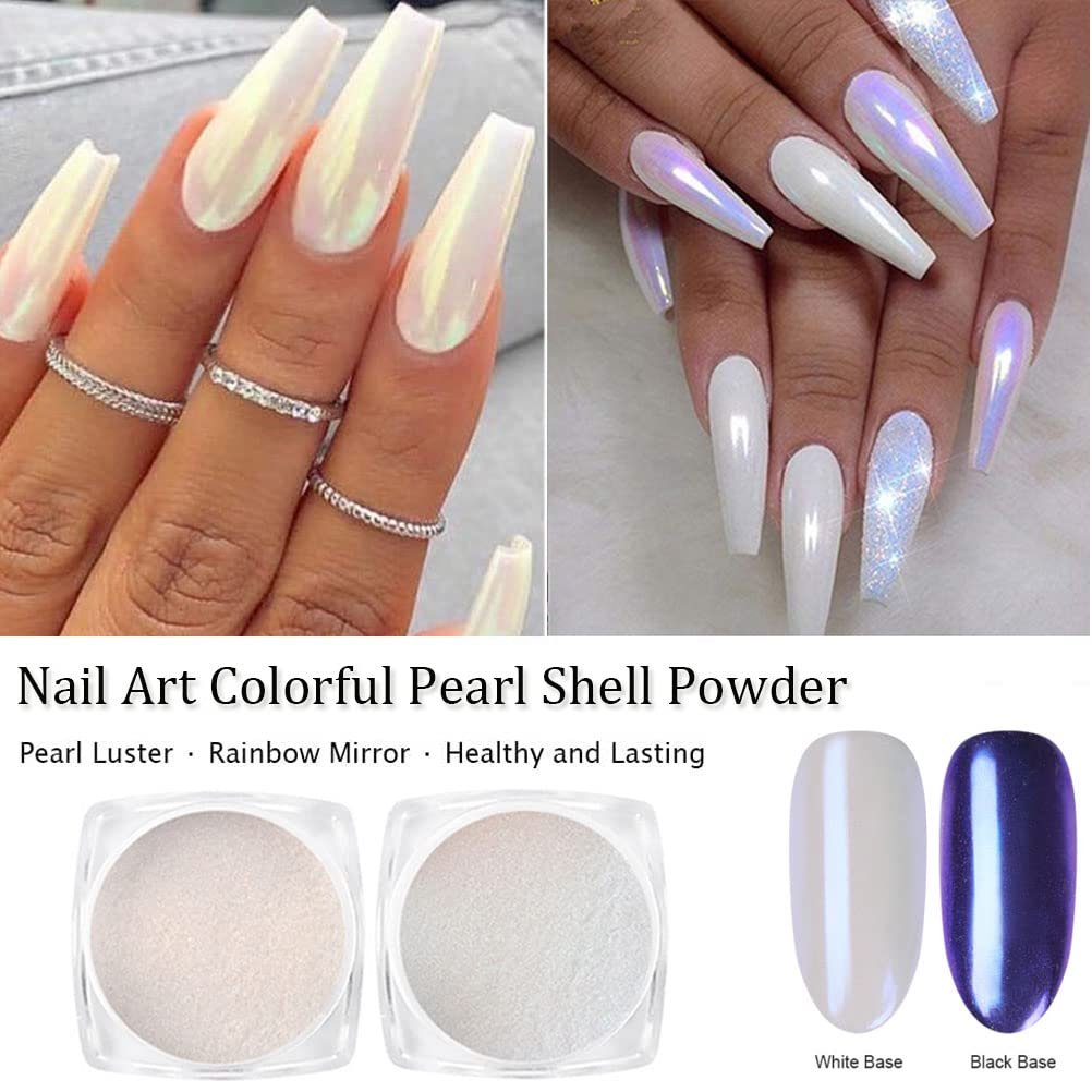 7 Colors Chrome Nail Powder Set - White Pearl Iridescent Aurora Metallic Mirror Effect Dip Nail Powder Kit for Gel Polish Holographic Mermaid Pigment, Resin Craft, Nails Art Gift for Women - görsel 3